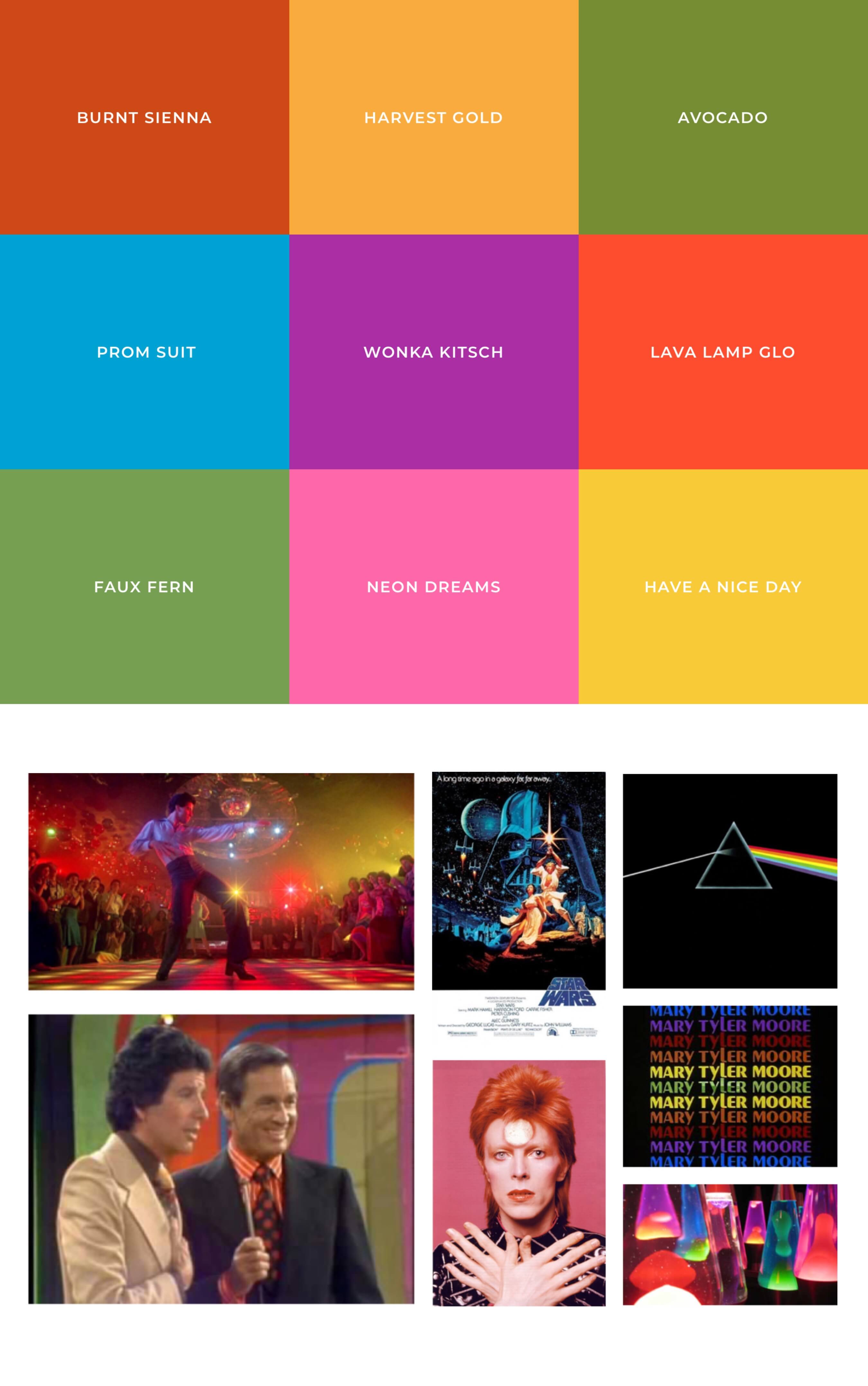 Farbtöne & Moodboard der 70er Jahre