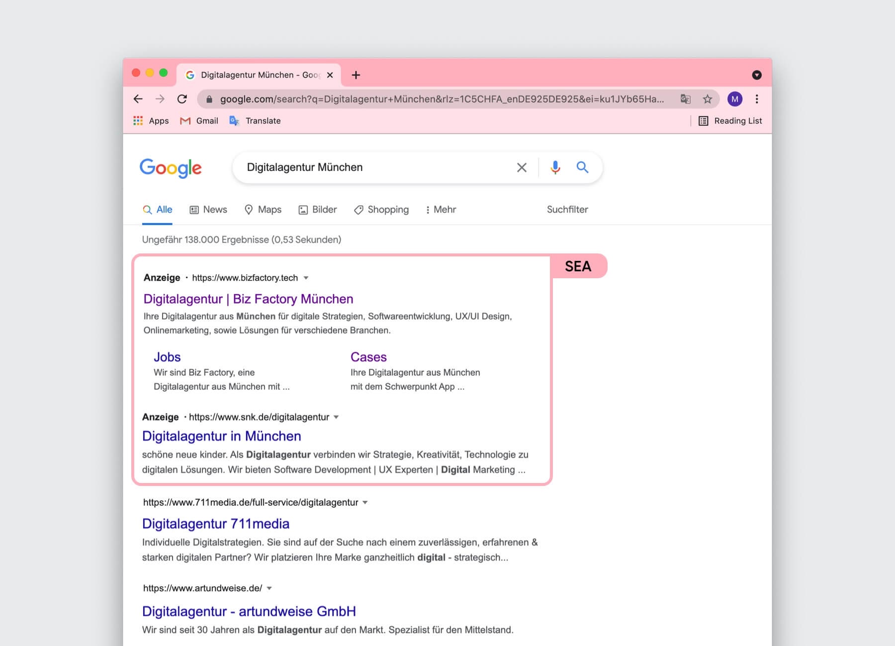 Beispiel Google Result - Suchmaschinenwerbung (SEA)