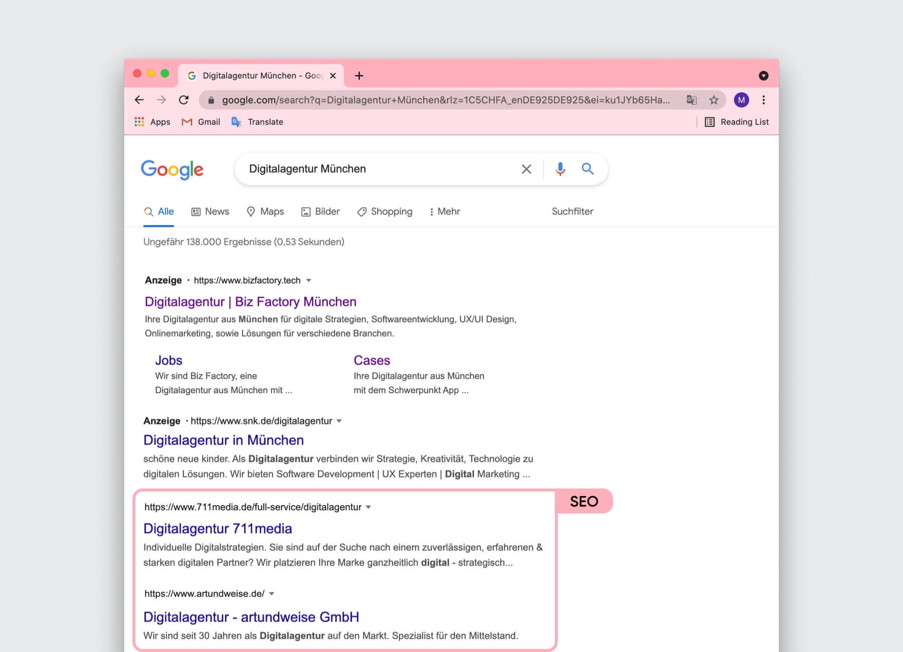 Beispiel Google Result - Suchmaschinenoptimierung (SEO)